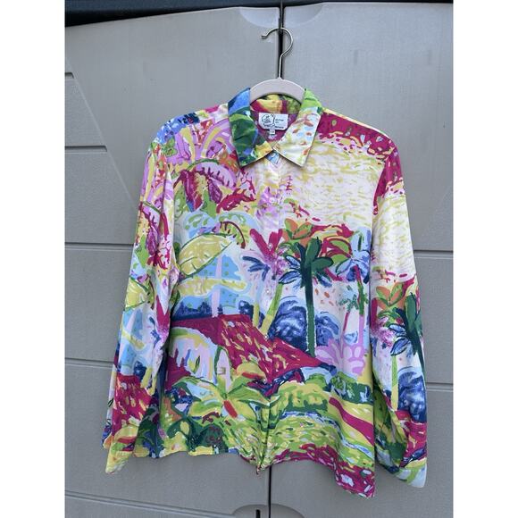Michael Leu Women's Silk Button Up Shirt Artsy Palm Tree Hawaiian Watercolors 1X - Picture 1 of 10